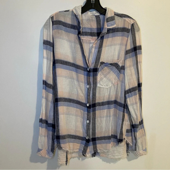 Bella Dahl plaid button down front pocket linen blend long sleeve shirt blouse S - Picture 1 of 8